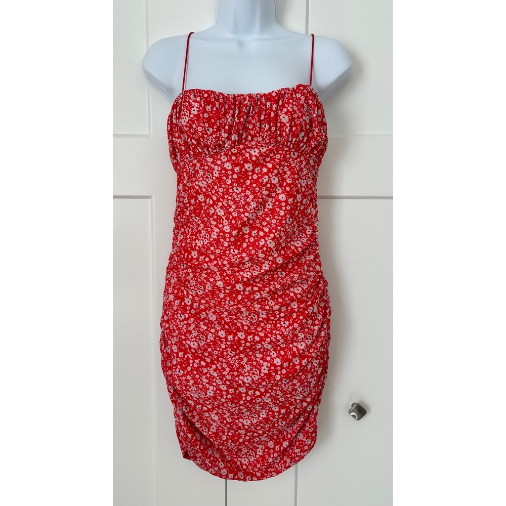 Hello Molly Red Floral Ruched Bodycon Mini Dress Womens Size 8 Spaghetti Strap